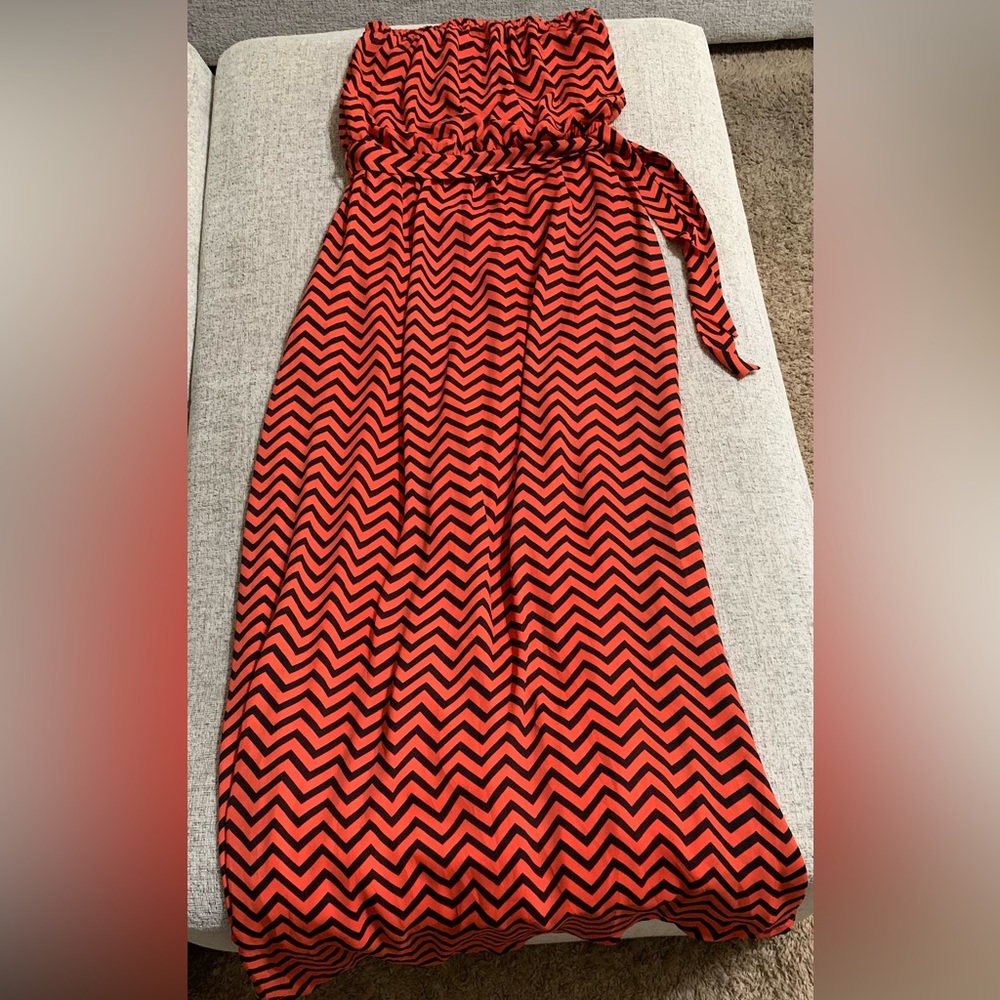 Red & Black Chevron Strapless Dress